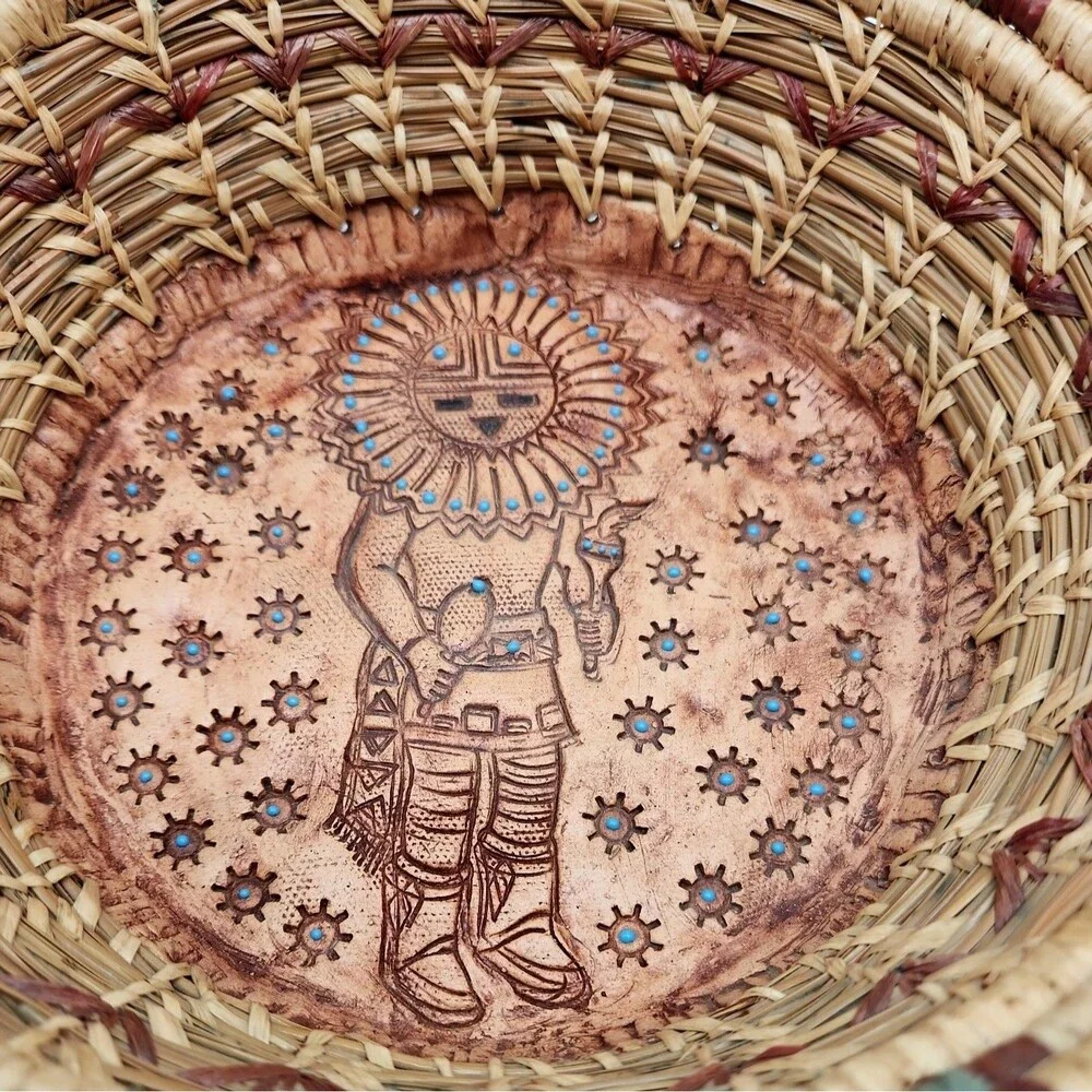 Vtg 2000 Joyce Wenker Handwoven Pine Needle Basket Kachina Clay Base Bowl Signed